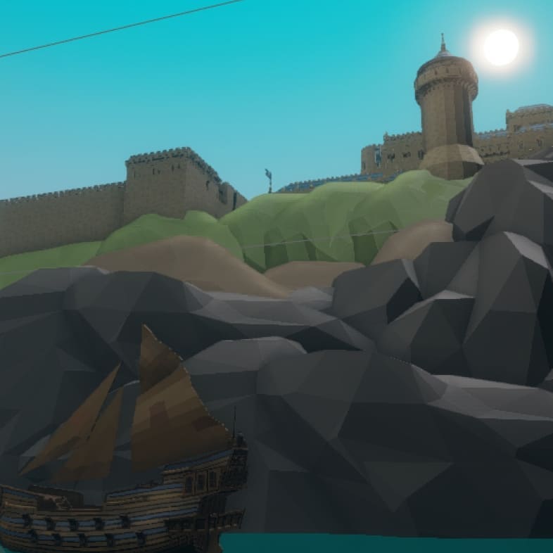 View of castle on rocky mountain island and pirate ship floating by.